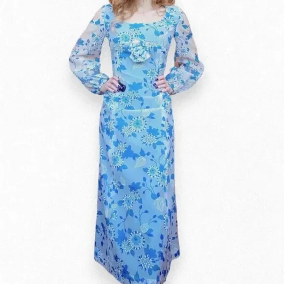 Vintage Rare Prom 70s Handmade Floral Maxi Dress Sky Baby Blue Babydoll Sheer Xs - Picture 2 of 9